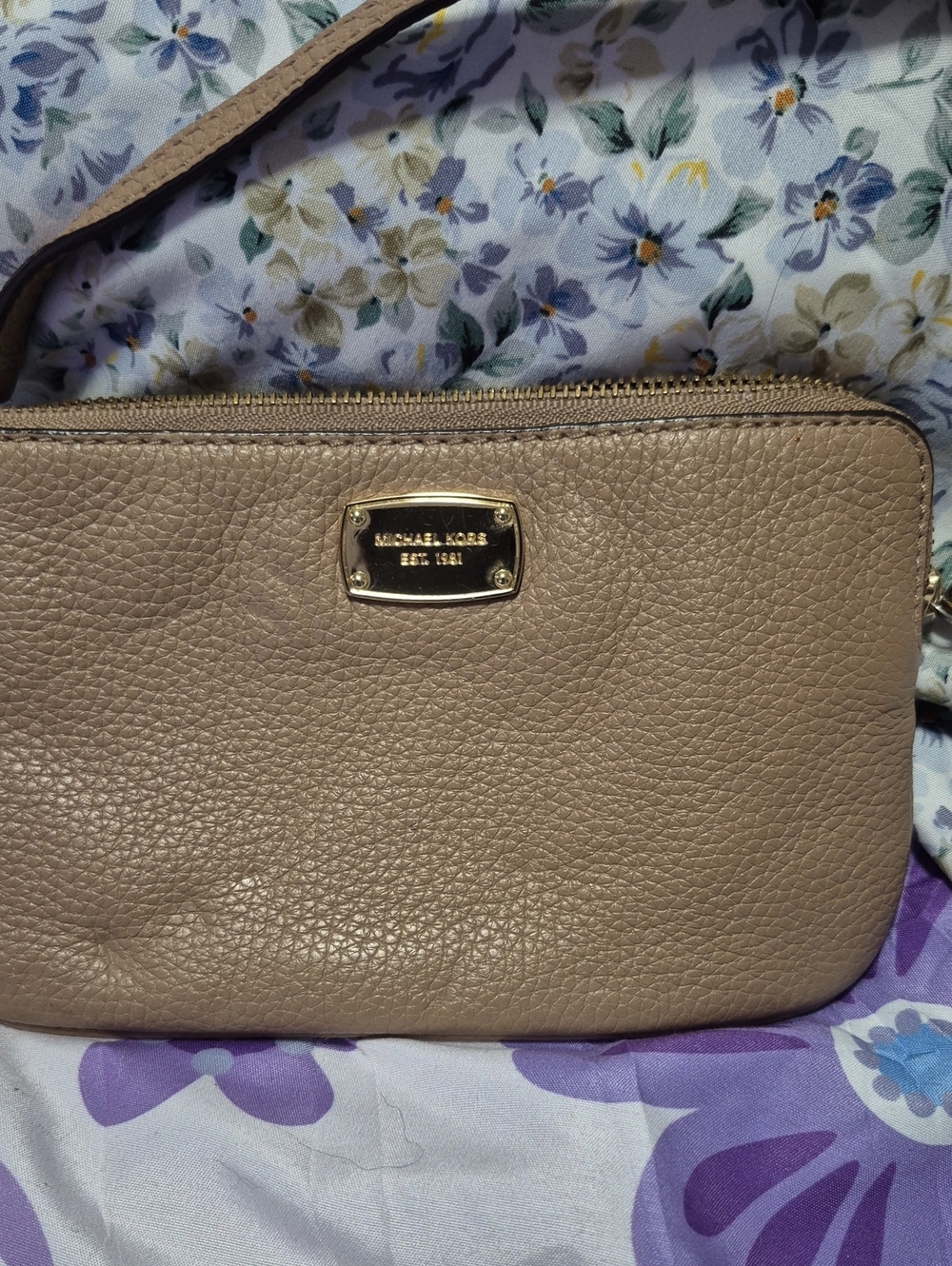 Michael Kors Taupe Pebbled Leather Crossbody with Gold Plate